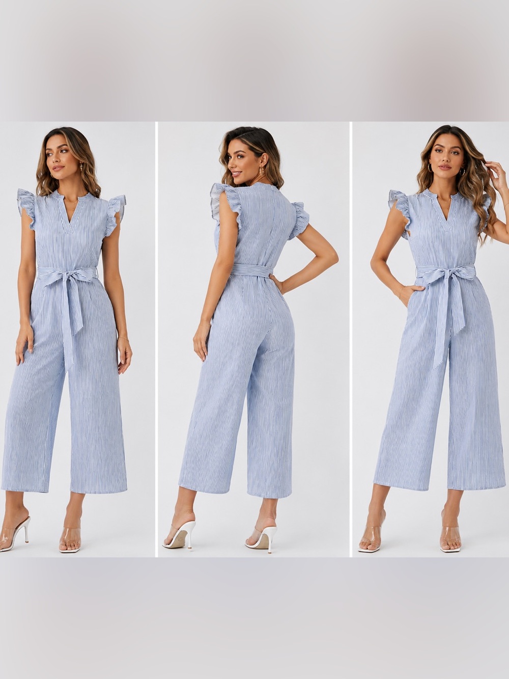 Women’s Blue Stripe Belted Jumpsuit